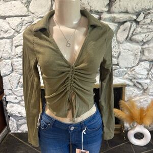 Olive Green Ruched Long Sleeve Top